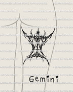 Gemini sign tattoo stencil shown on back of thigh placement, cyber sigil zodiac glyph design for stencil download