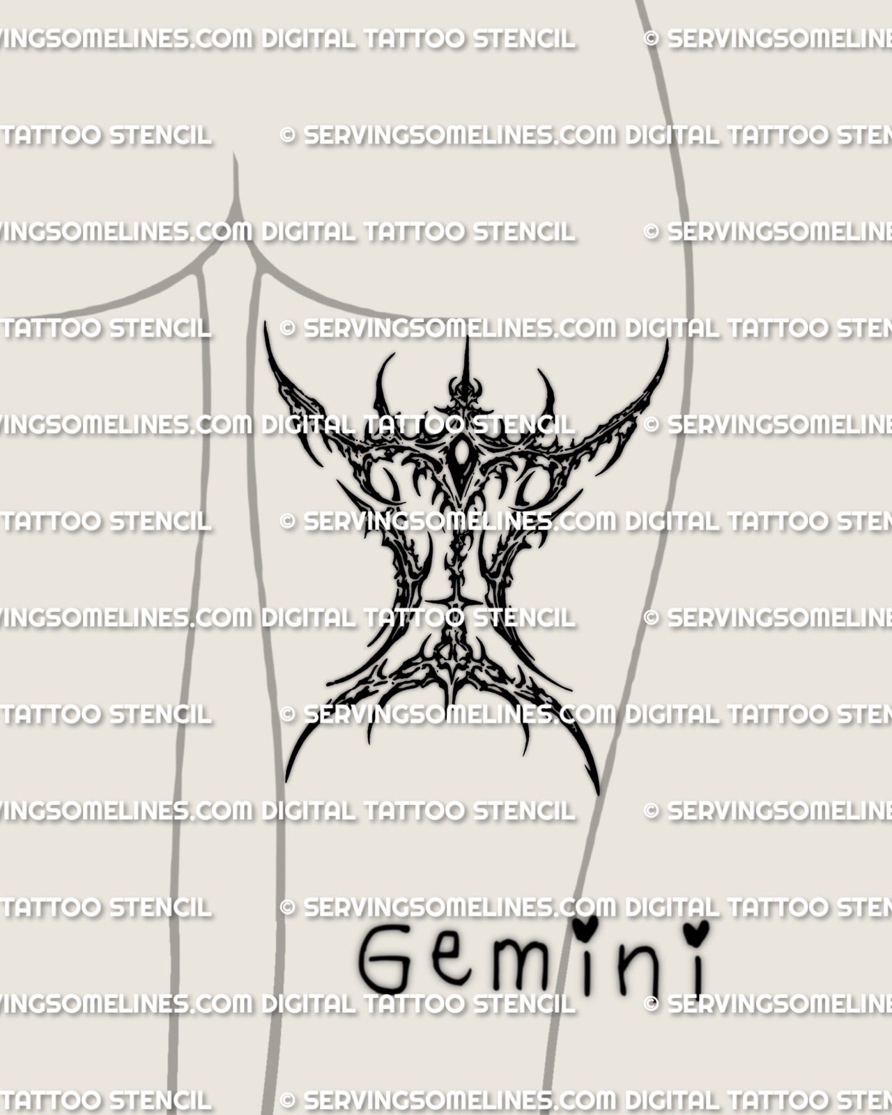 Gemini sign tattoo stencil shown on back of thigh placement, cyber sigil zodiac glyph design for stencil download