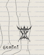 Gemini tattoo stencil displayed on calf placement example, cybersigilism glyph symbol, instant printable files