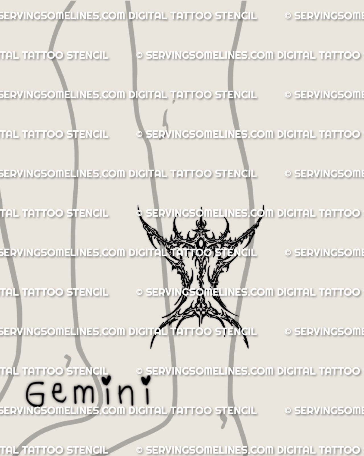 Gemini tattoo stencil displayed on calf placement example, cybersigilism glyph symbol, instant printable files