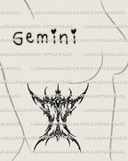 Gemini zodiac glyph tattoo stencil shown on side ribs placement, cyber sigil linework symbol for stencil download 