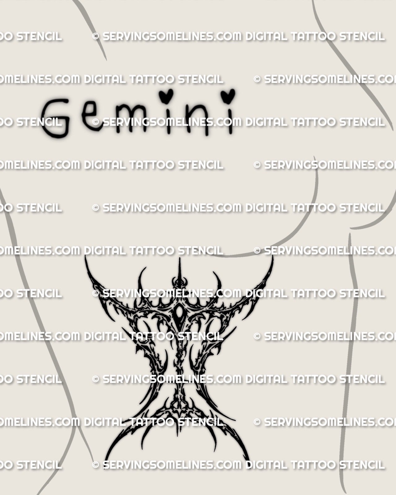 Gemini zodiac glyph tattoo stencil shown on side ribs placement, cyber sigil linework symbol for stencil download 