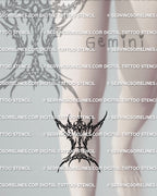 Gemini zodiac tattoo stencil shown under knee placement, cyber sigil style glyph with sharp tips, instant download files 