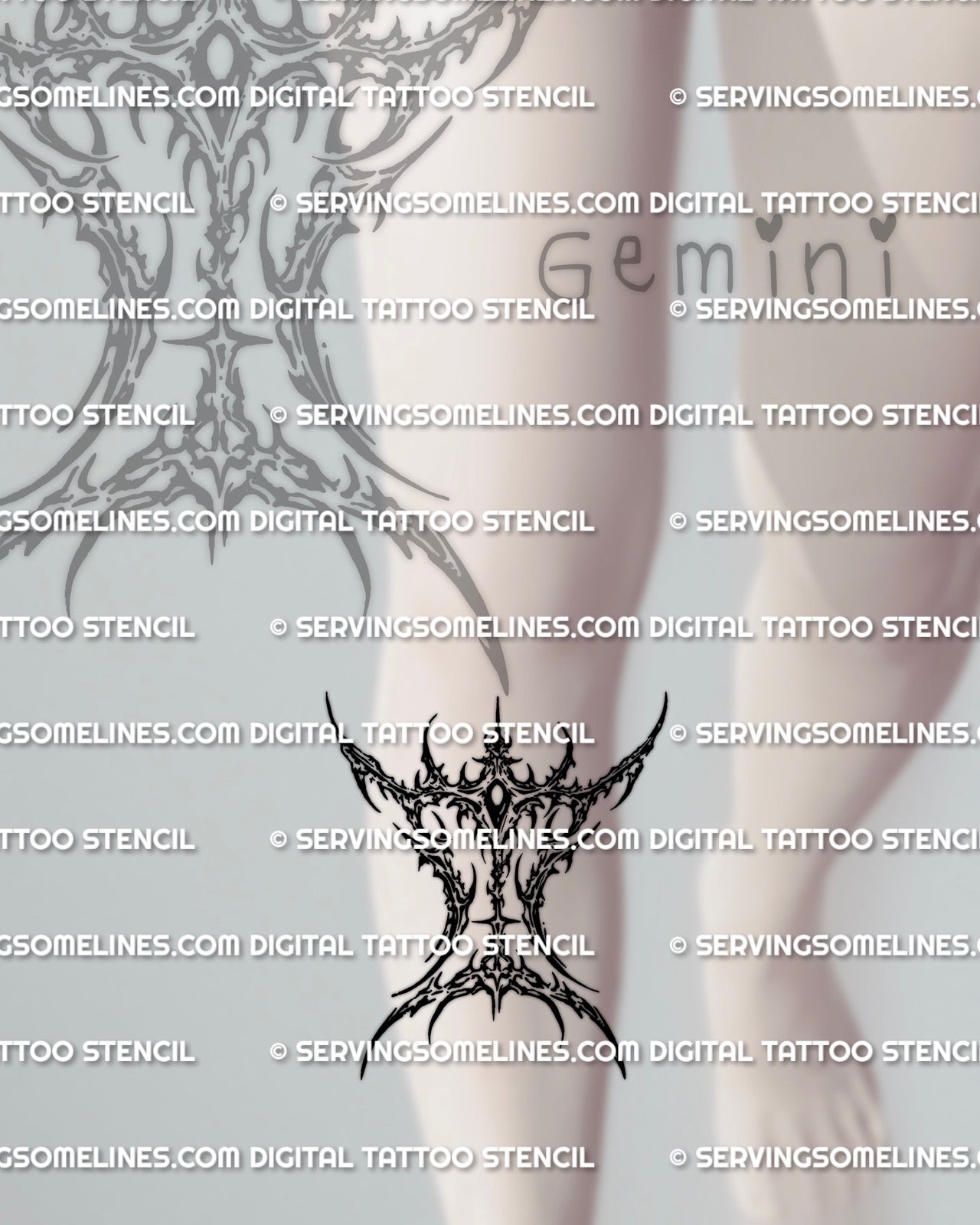 Gemini zodiac tattoo stencil shown under knee placement, cyber sigil style glyph with sharp tips, instant download files 