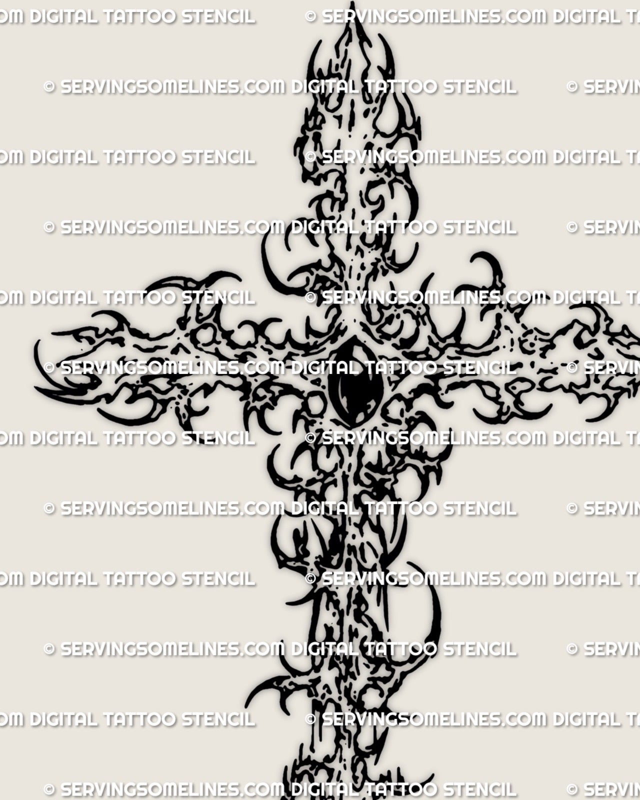 Gemstone cross tattoo stencil detail showing ornamental cyber line structure for clean tattoo transfer