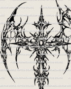 Close-up of gemstone center cross tattoo stencil showing ornamental spikes, neotribal symmetry, and sharp linework for tattoo use