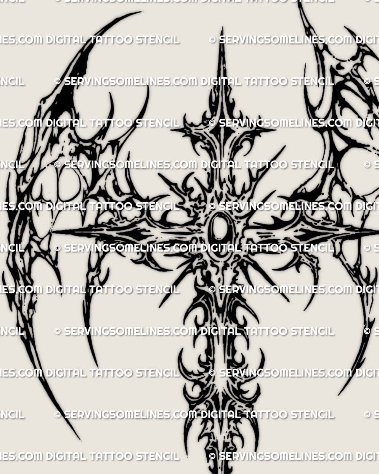 Close-up of gemstone center cross tattoo stencil showing ornamental spikes, neotribal symmetry, and sharp linework for tattoo use