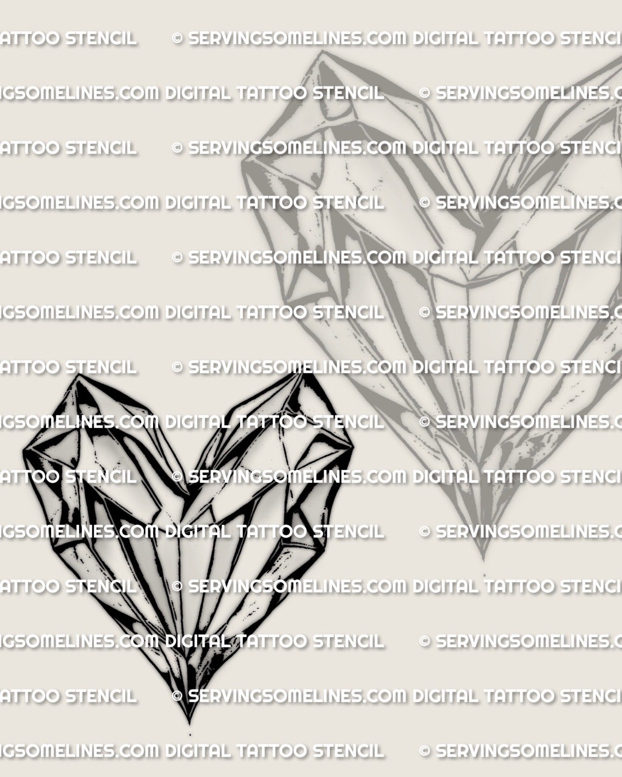 Gemstone heart tattoo design, angular crystal facets forming a bold heart shape, high resolution heart tattoo stencil for sizing.