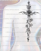 spine and sternum mockup of rose sword tattoo with gemstone cyber handle and thorn roses, cyber gothic dagger design for centerline placement
