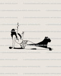 Minimalist girl smoking tattoo stencil with panther silhouette and cheetah print detail, gothic feminine line art design for tattoo artists.