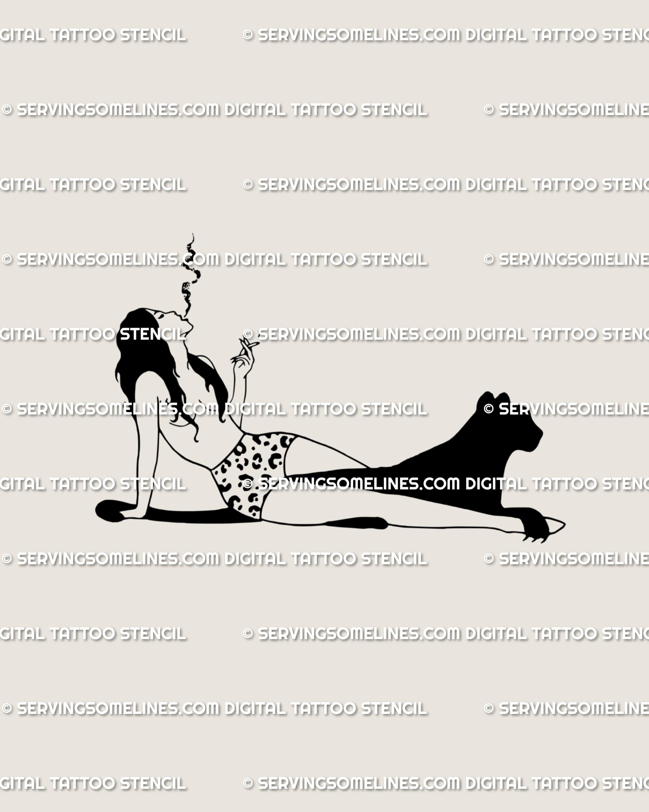 Minimalist girl smoking tattoo stencil with panther silhouette and cheetah print detail, gothic feminine line art design for tattoo artists.