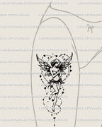 Thigh placement idea of girl with angel wings tattoo, whimsical fairycore digital tattoo design for women. 