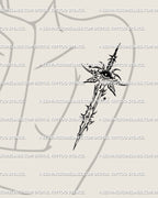 Tattoo mockup on woman’s arm showing crying eye sword digital tattoo stencil, fine-line angel wings and ornamental thorn details. 