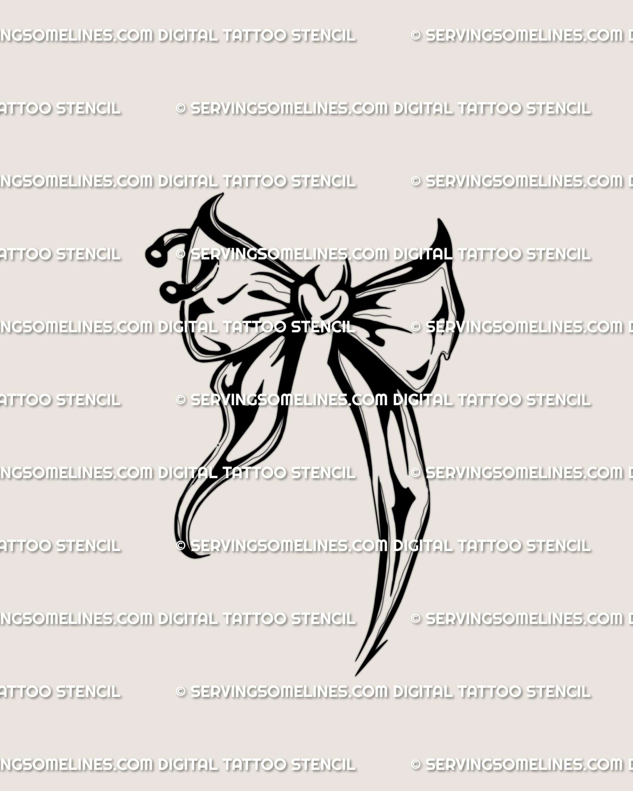 Goth coquette bow tattoo stencil download, pierced ribbon bow design with printable PNG JPG PDF files for clean transfer.