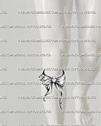 Goth coquette bow tattoo stencil shown under the knee, with pierced ribbon detail and a darker ornamental bow shape.