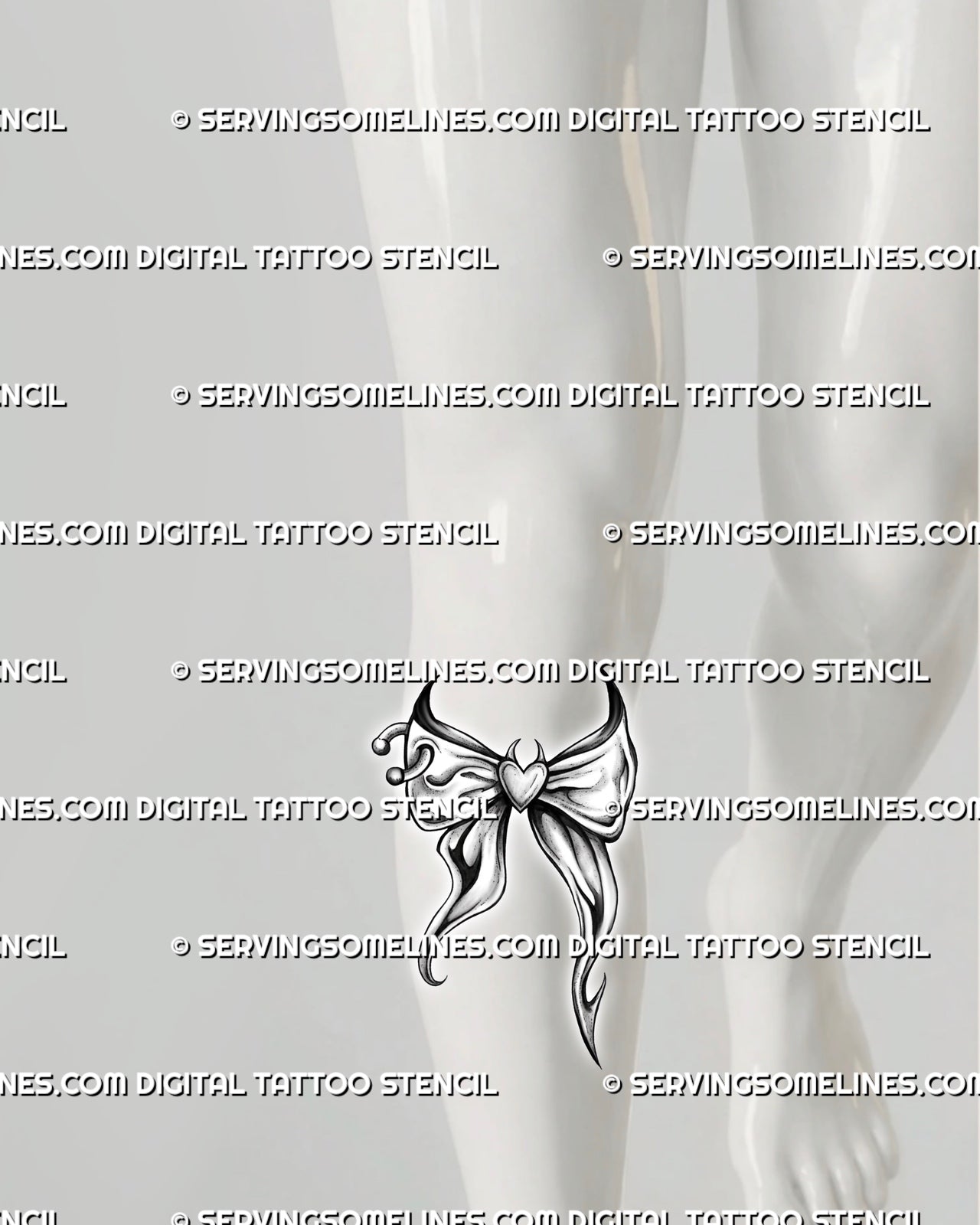 Goth coquette bow tattoo stencil shown under the knee, with pierced ribbon detail and a darker ornamental bow shape.