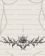 Gothic floral rose tattoo stencil displayed on womens lower belly placement, ornamental rose linework available as an instant download tattoo product