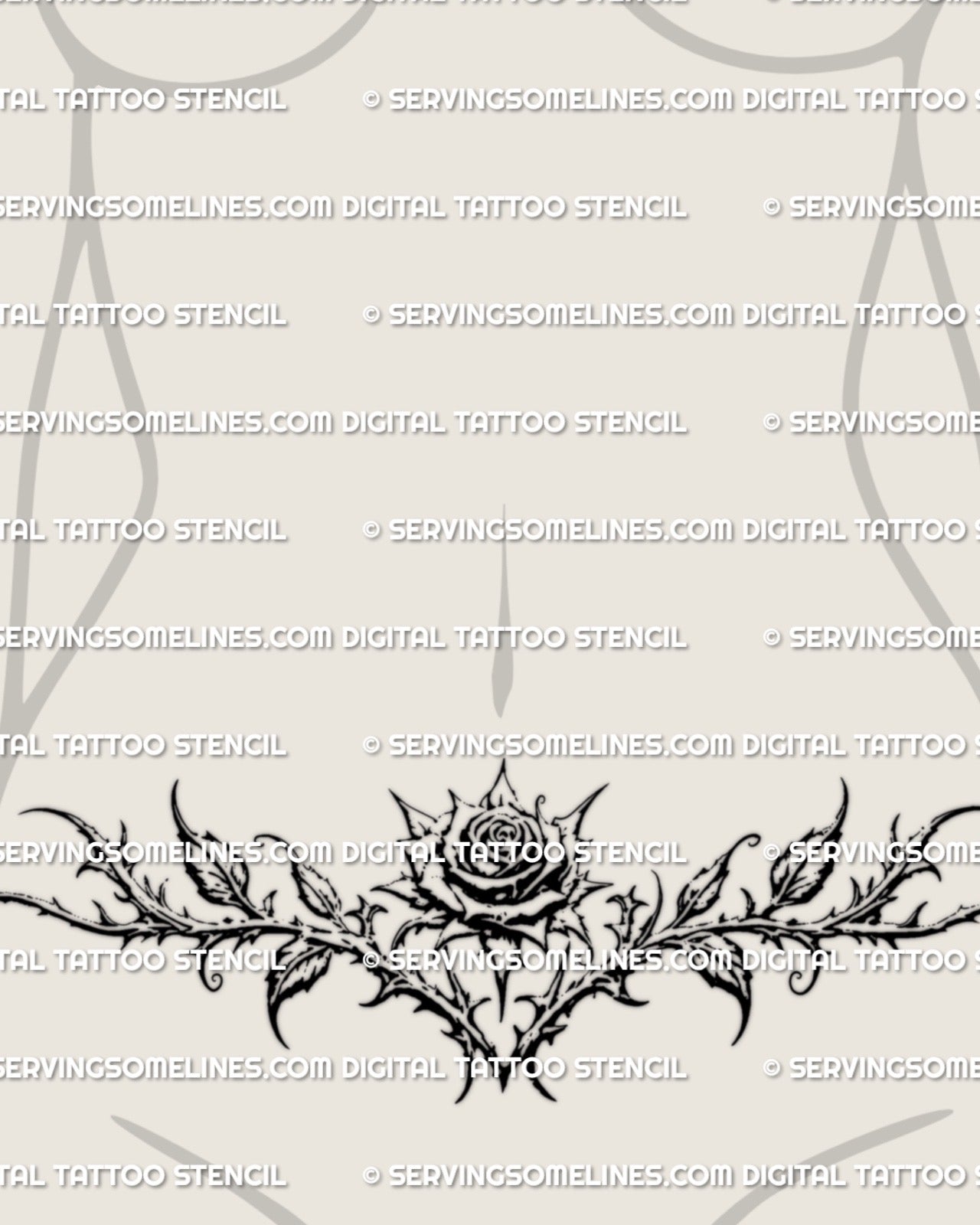 Gothic floral rose tattoo stencil displayed on womens lower belly placement, ornamental rose linework available as an instant download tattoo product
