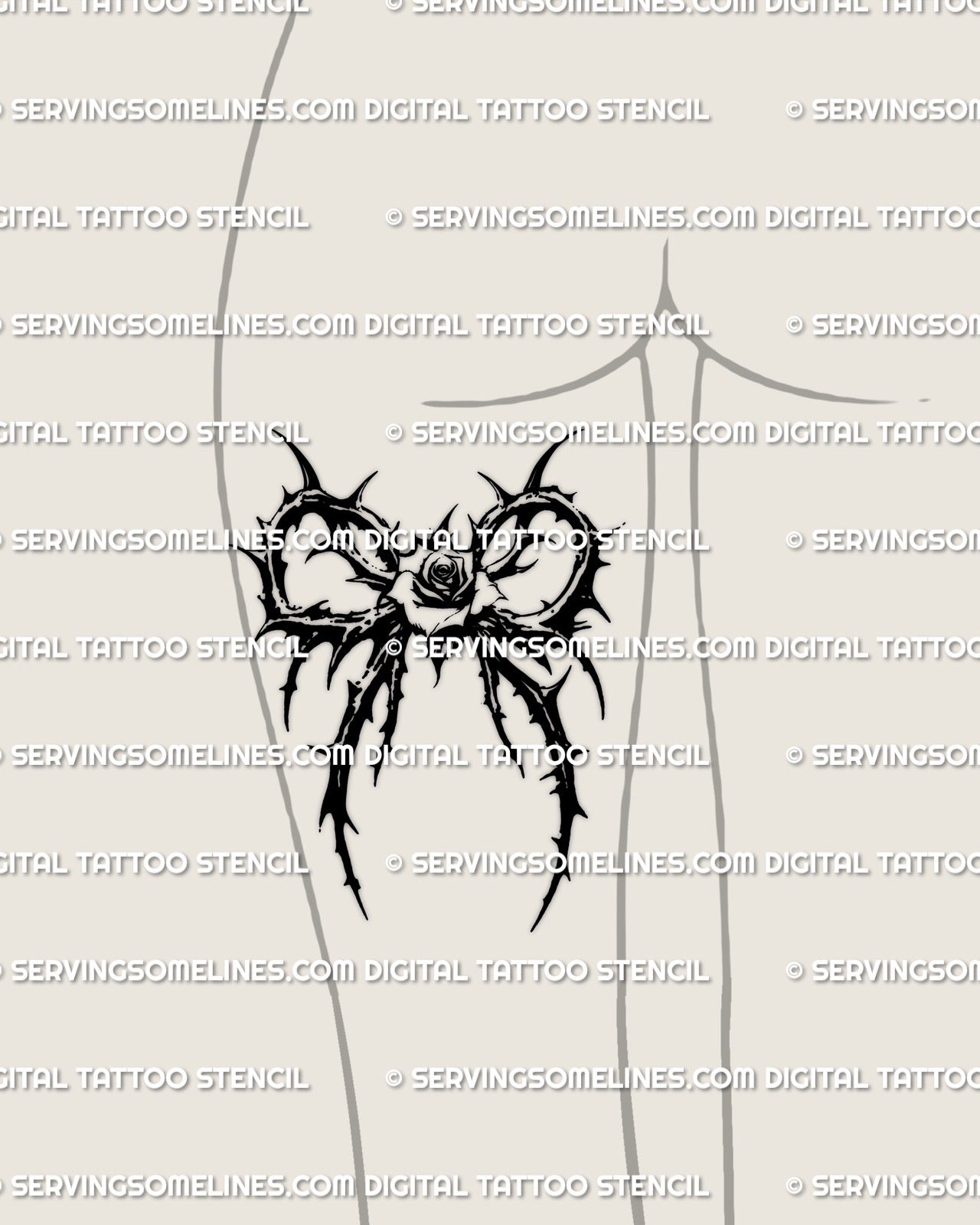 Goth flower tattoo design shown on feminine back of thigh placement, dark floral stencil for buyers wanting a clean professional tattoo file