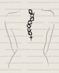 Neotribal gothic spine tattoo stencil with spiky chain and star charm, occult blackwork design flowing down the back as a bold goth tattoo idea.