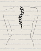 Neotribal gothic spine tattoo stencil placed from upper to mid back, spiky chain ending in star charm, occult blackwork design as bold goth tattoo idea.