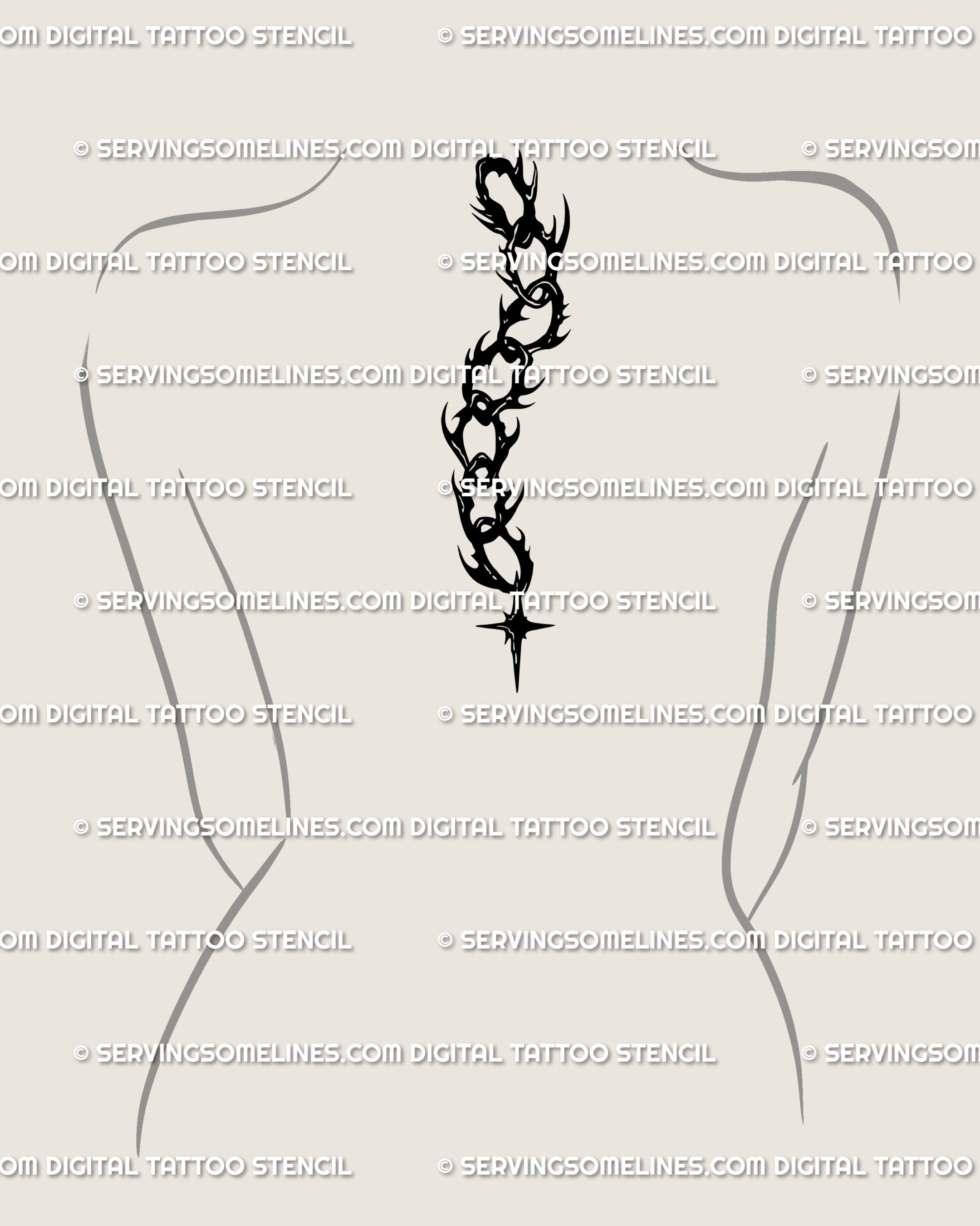 Neotribal gothic spine tattoo stencil placed from upper to mid back, spiky chain ending in star charm, occult blackwork design as bold goth tattoo idea.