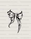 Hand-drawn coquette bow with pierced loop and neo-gothic lines, gothic bow tattoo that feels cute yet dark, crisp blackwork stencil.