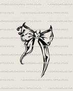 Hand-drawn coquette bow with pierced loop and neo-gothic lines — a gothic bow tattoo design that reads cute yet dark; crisp blackwork for small placements, delivered as an instant digital stencil.