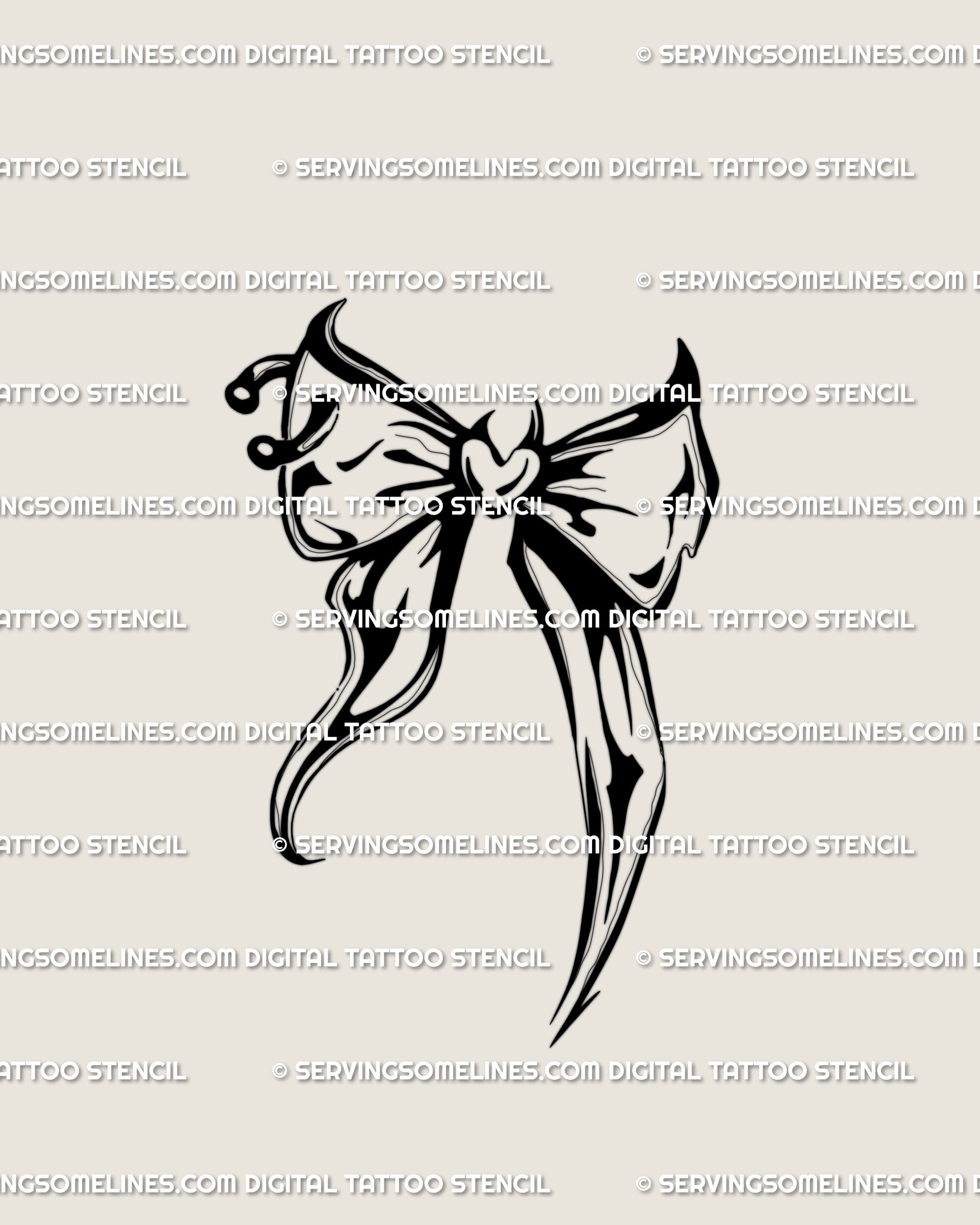 Hand-drawn coquette bow with pierced loop and neo-gothic lines — a gothic bow tattoo design that reads cute yet dark; crisp blackwork for small placements, delivered as an instant digital stencil.