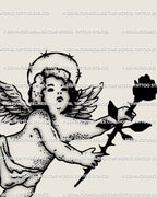 Dark angel cherub with thorn halo and rose, hand-drawn gothic tattoo stencil design for digital download or printable flash sheet. 