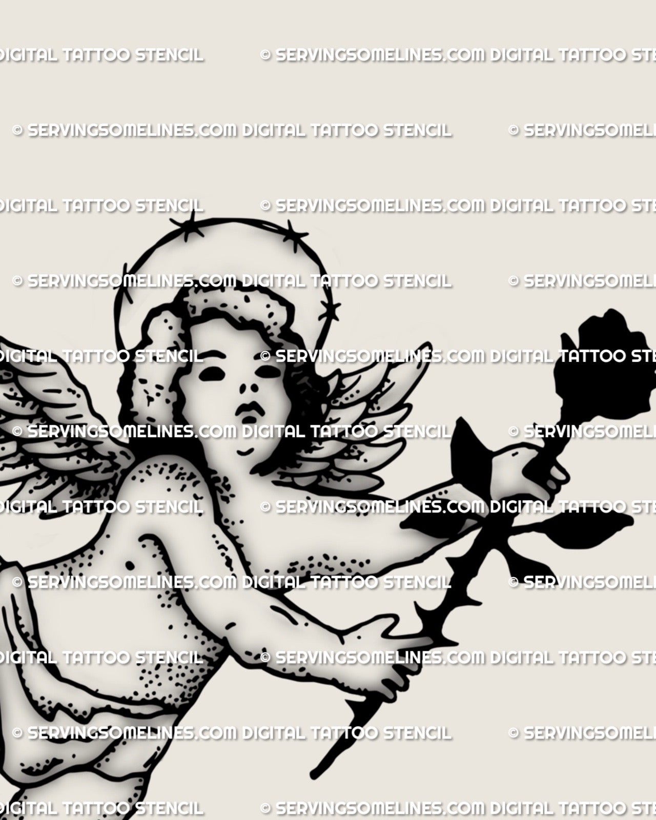 Dark angel cherub with thorn halo and rose, hand-drawn gothic tattoo stencil design for digital download or printable flash sheet. 