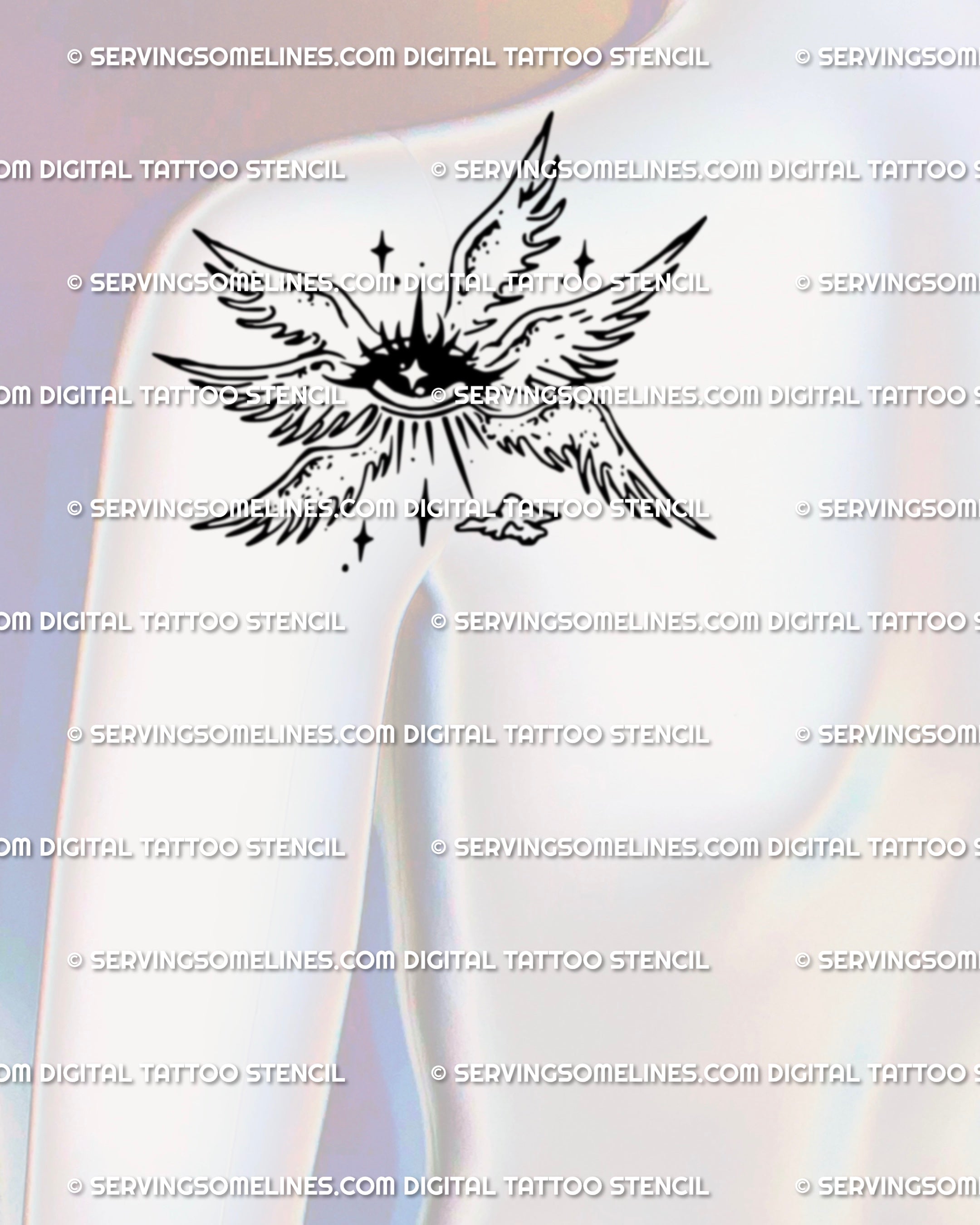 Gothic angel eye tattoo with wings placed across back shoulder and arm. Seraphim tattoo stencil with six wings, cyber sigil details, and protective symbolism.