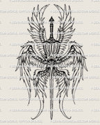 Gothic angel sword tattoo stencil design with fine line wings and symbolic eye, created as a printable tattoo stencil for clean professional transfer