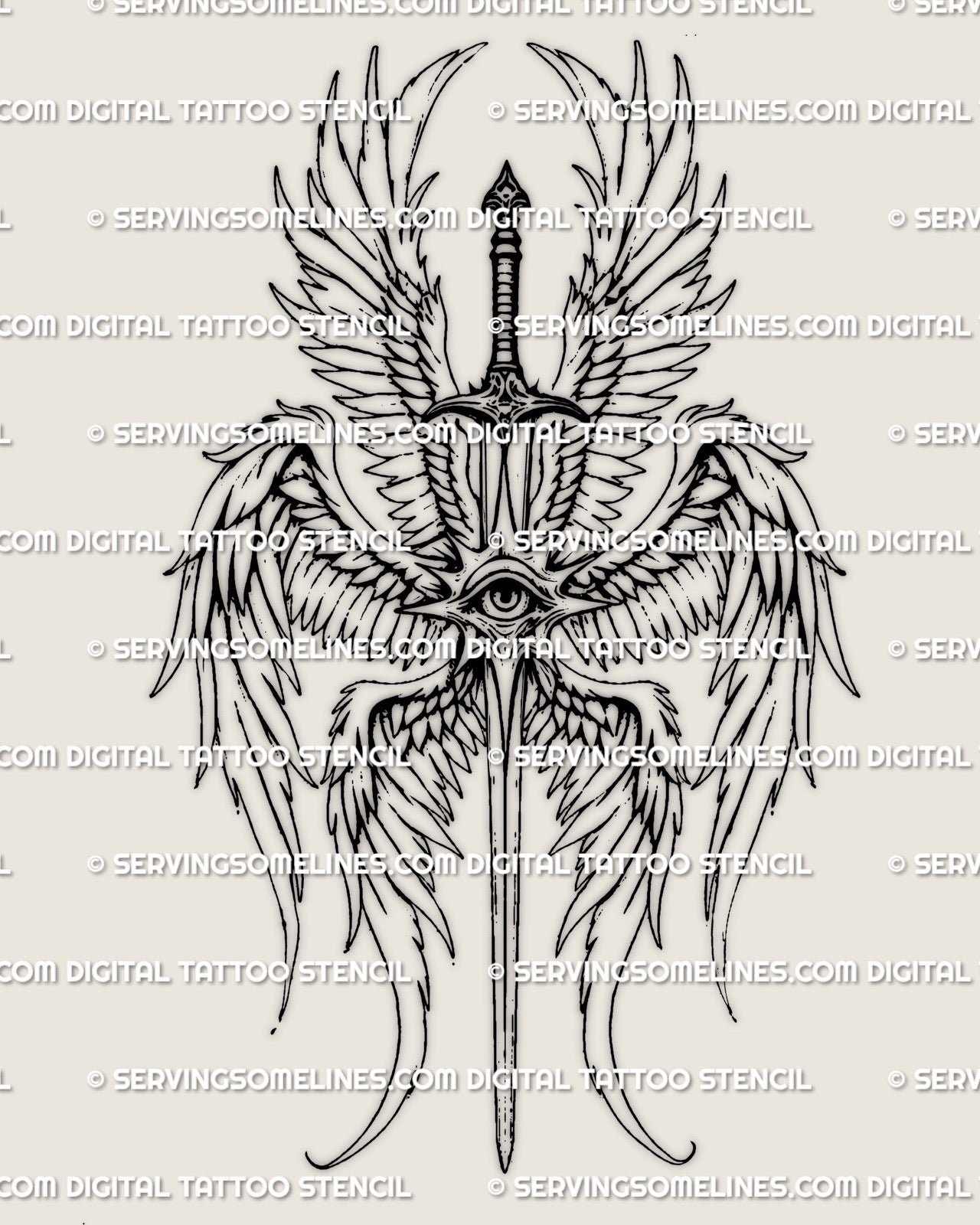 Gothic angel sword tattoo stencil design with fine line wings and symbolic eye, created as a printable tattoo stencil for clean professional transfer