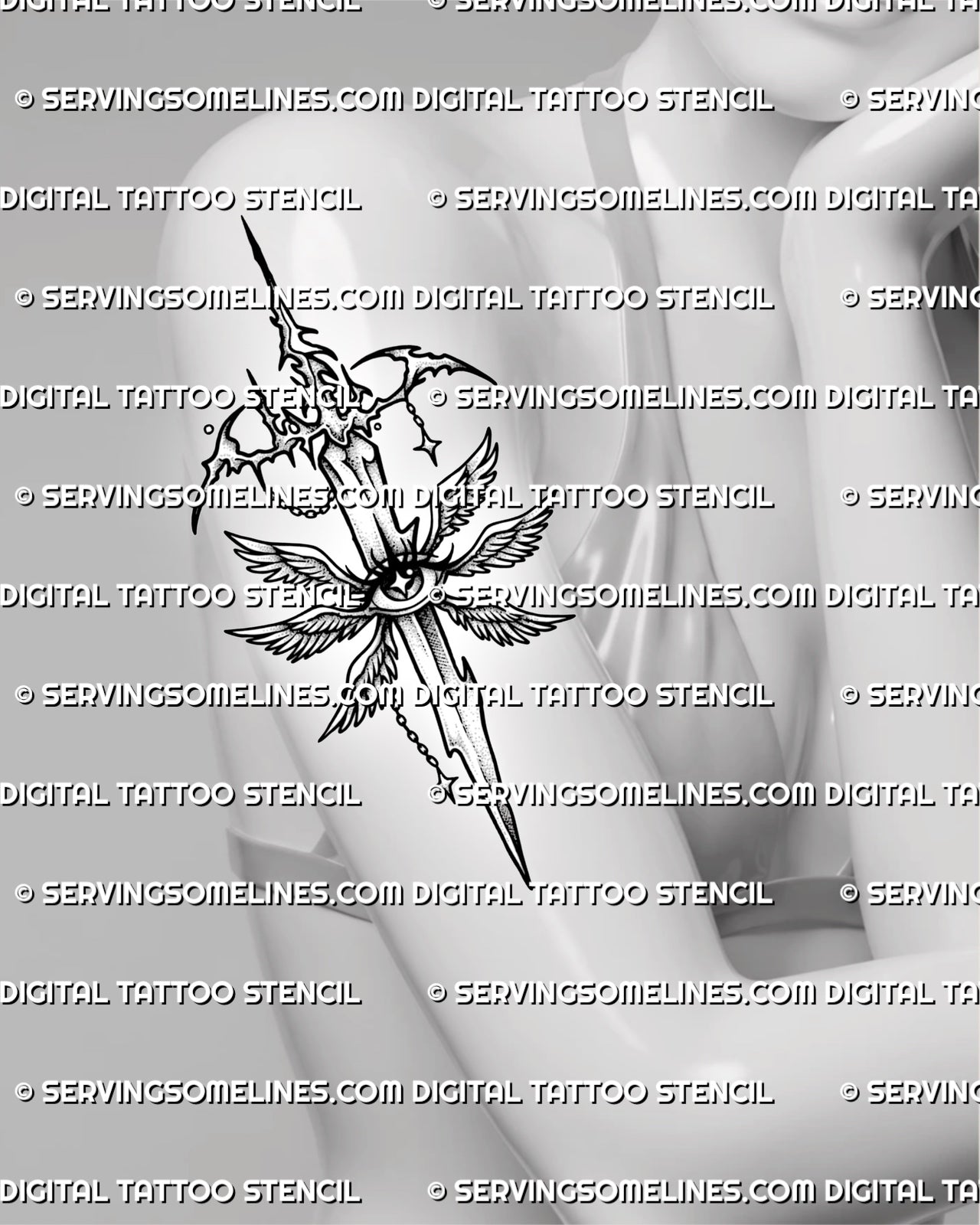 Gothic angel sword tattoo stencil displayed on women’s upper arm placement with winged eye and cyber sigil detail