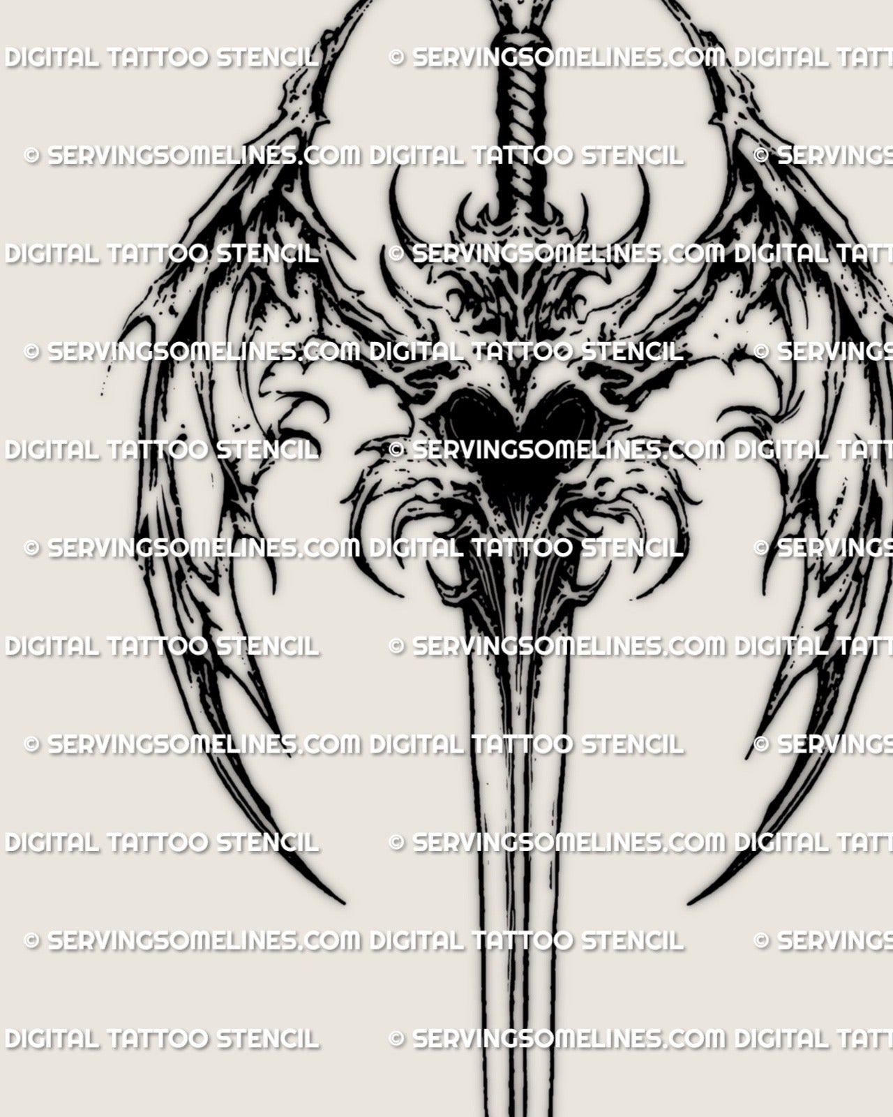 Close up of gothic angel wings sword tattoo design highlighting feather texture, heart detail, and clean stencil linework
