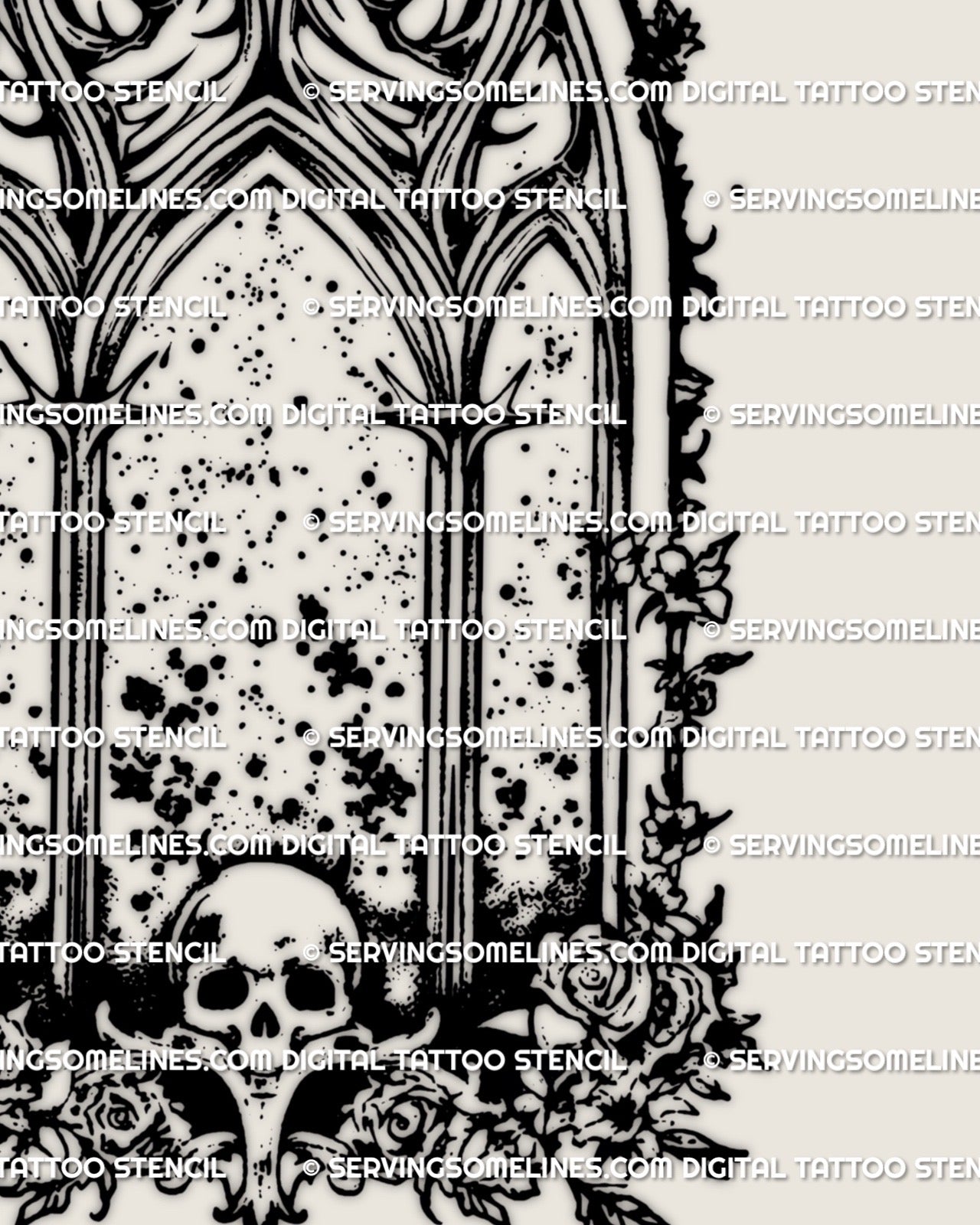 Digital gothic skull tattoo stencil inspired by cathedral architecture, heavy blackwork design intended for serious gothic tattoo work, not decorative flash