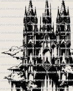 Gothic architecture tattoo stencil inspired by cathedral structures, created as a digital blackwork design for precise tattoo application