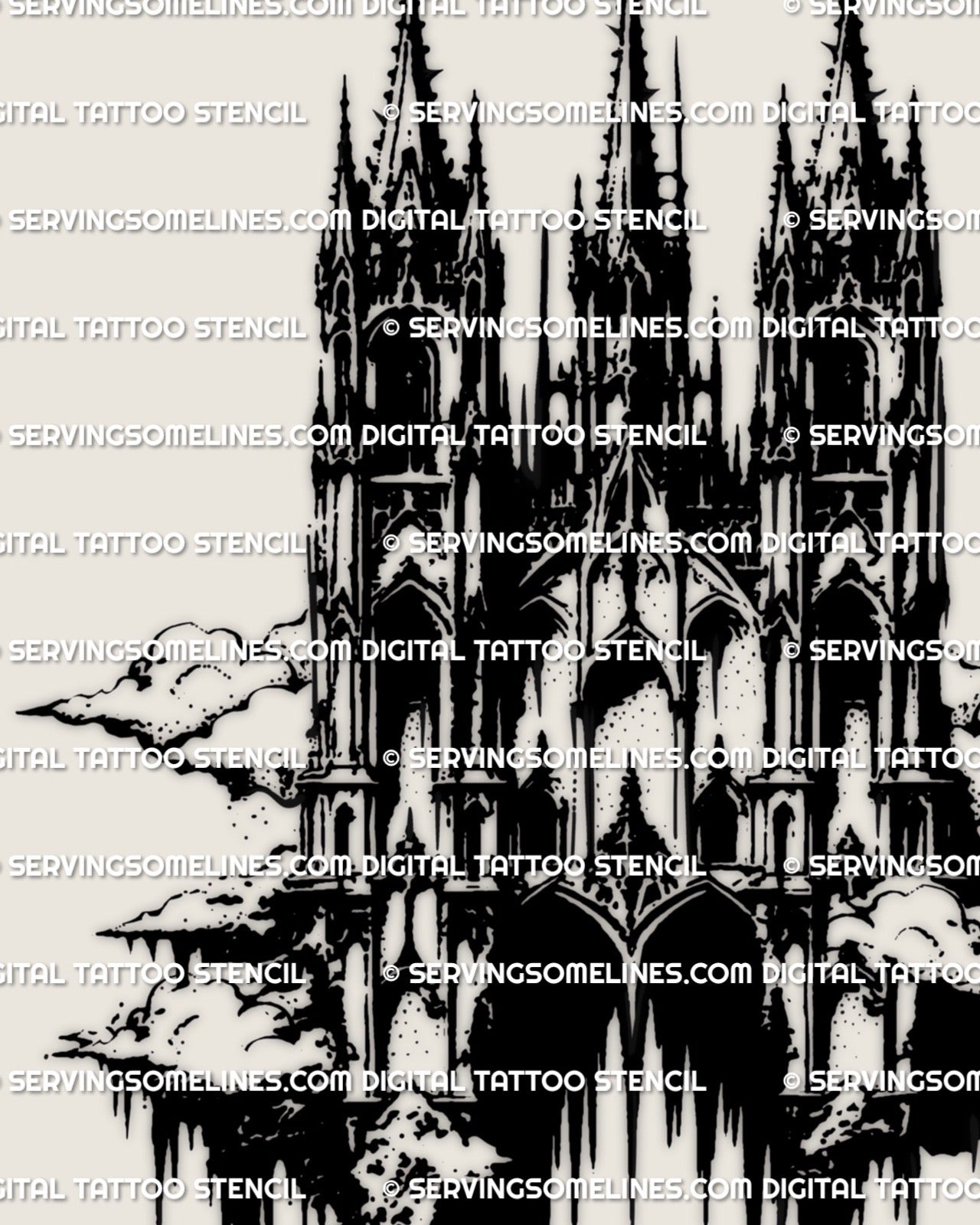 Gothic architecture tattoo stencil inspired by cathedral structures, created as a digital blackwork design for precise tattoo application