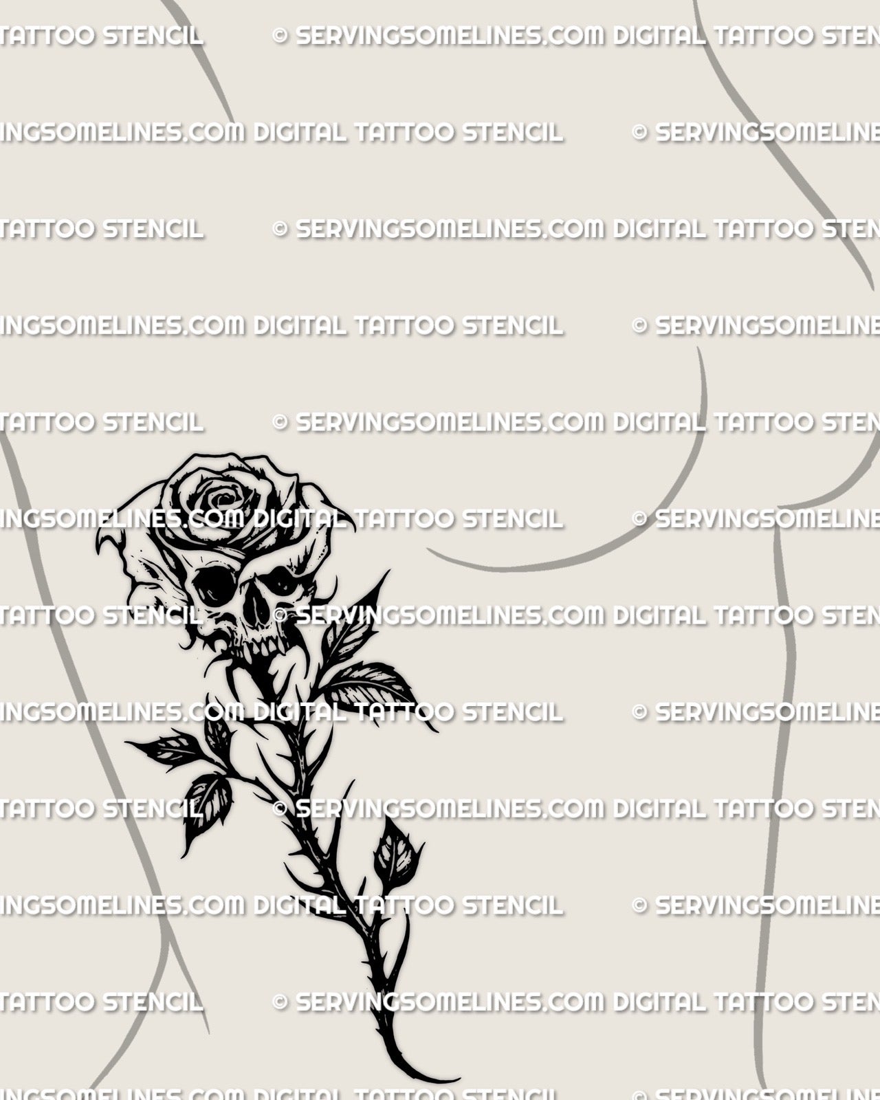 Gothic back and rib style skull rose tattoo stencil displayed on a woman’s side ribs, bold blackwork floral skull made for clear professional stencil transfer