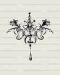 Digital pendant tattoo stencil with gothic baroque curves, crescent moon, stars and cross details shown as a clean outline ready for printing