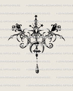 Digital pendant tattoo stencil with gothic baroque curves, crescent moon, stars and cross details shown as a clean outline ready for printing