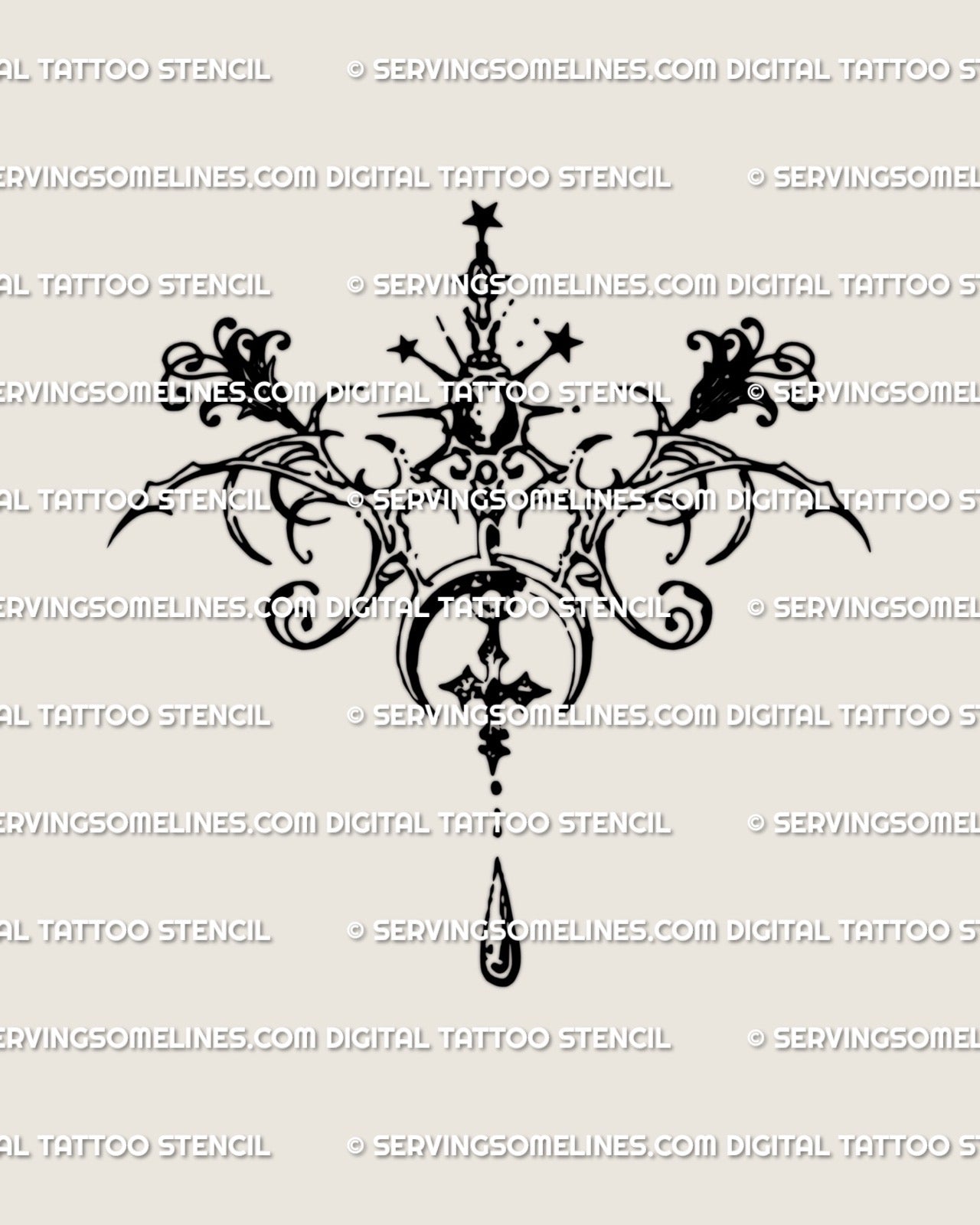 Digital pendant tattoo stencil with gothic baroque curves, crescent moon, stars and cross details shown as a clean outline ready for printing