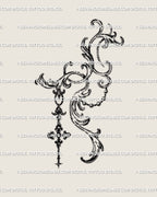 Close-up of the hand-drawn baroque filigree tattoo design, showing gothic linework and cross pendant details ready for stencil use.