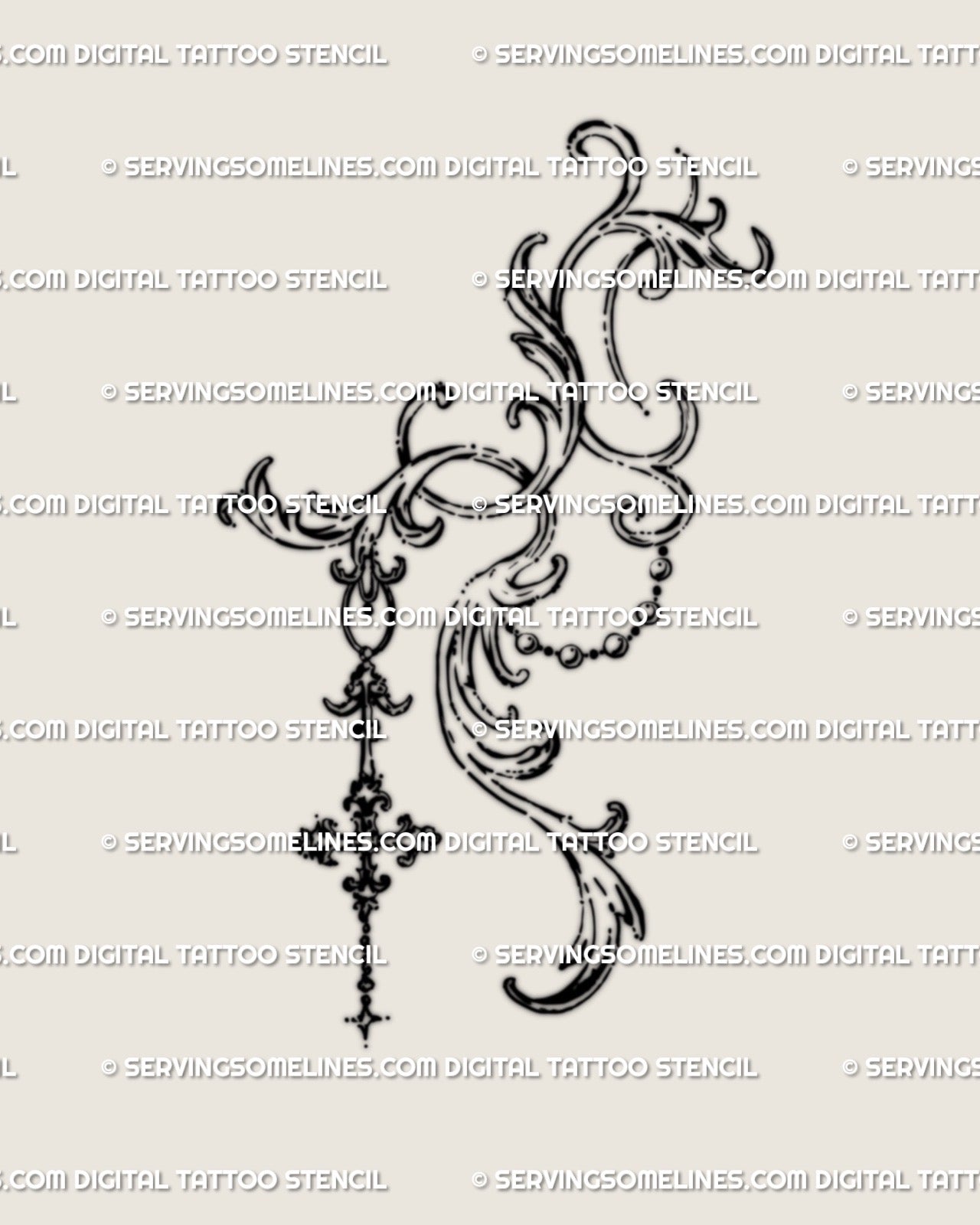 Close-up of the hand-drawn baroque filigree tattoo design, showing gothic linework and cross pendant details ready for stencil use.
