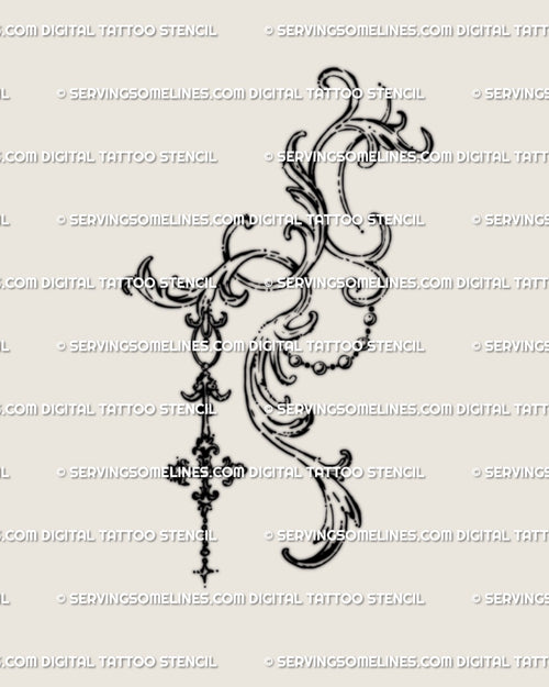 Close-up of the hand-drawn baroque filigree tattoo design, showing gothic linework and cross pendant details ready for stencil use.