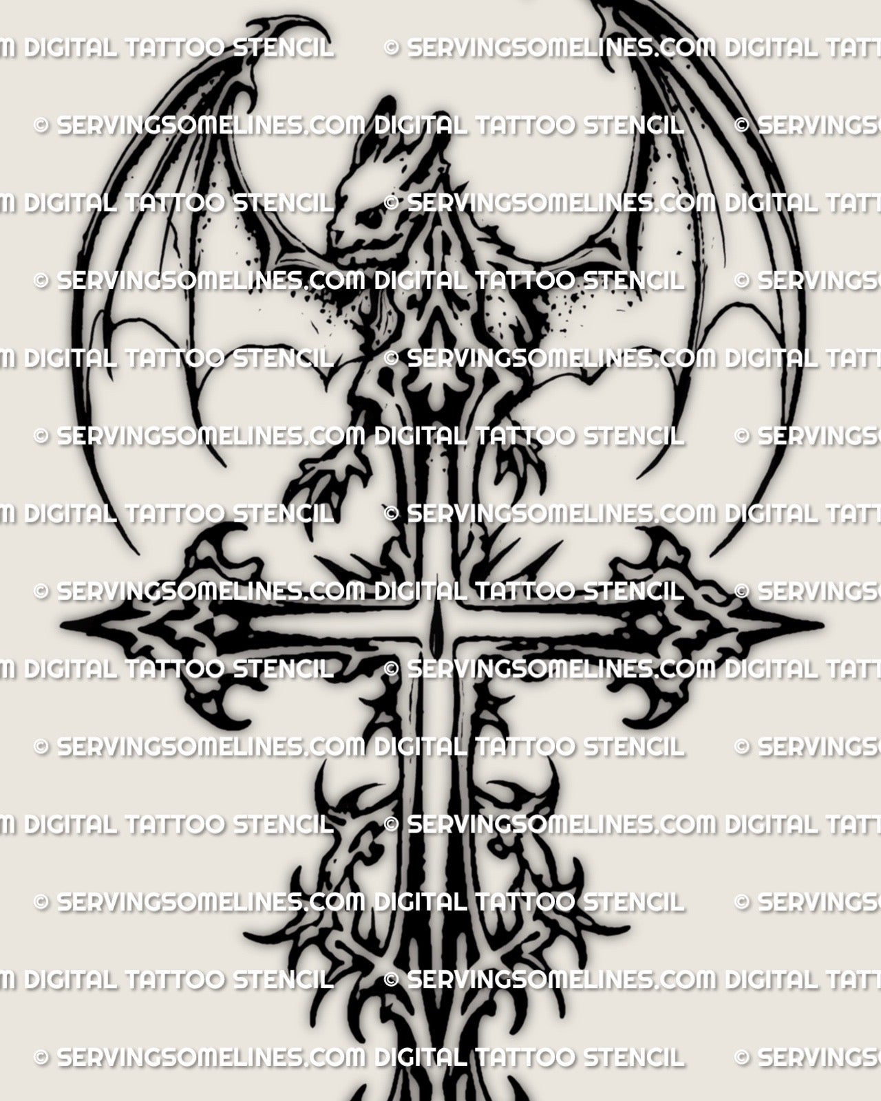Dark bat and cross tattoo design, gothic winged cross stencil download, high resolution linework for transfer