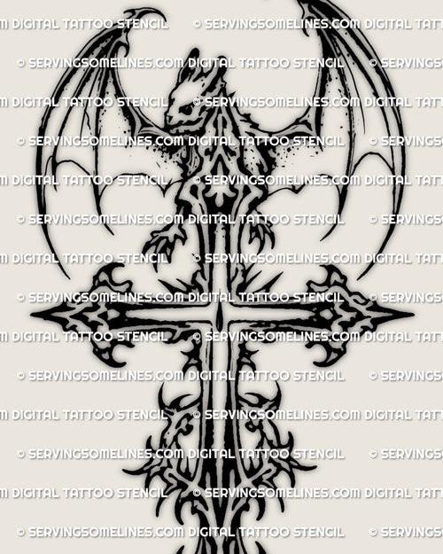 Dark bat and cross tattoo design, gothic winged cross stencil download, high resolution linework for transfer