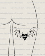 Gothic bat heart tattoo stencil placed on the back of the thigh, dark romance design mixing demon wings and cute goth energy. 