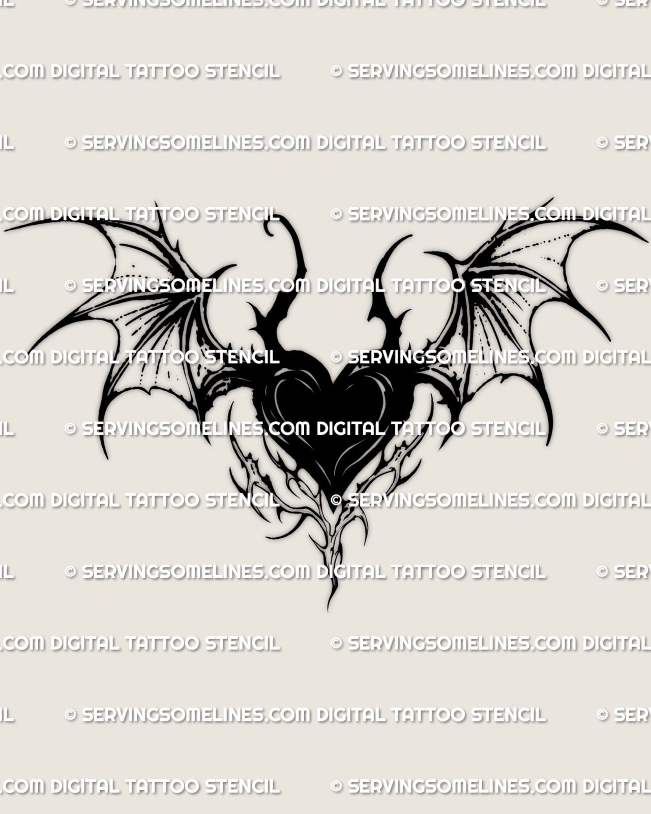 gothic bat heart tattoo stencil with dark winged shapes shown on clean background for gothic tattoo ideas